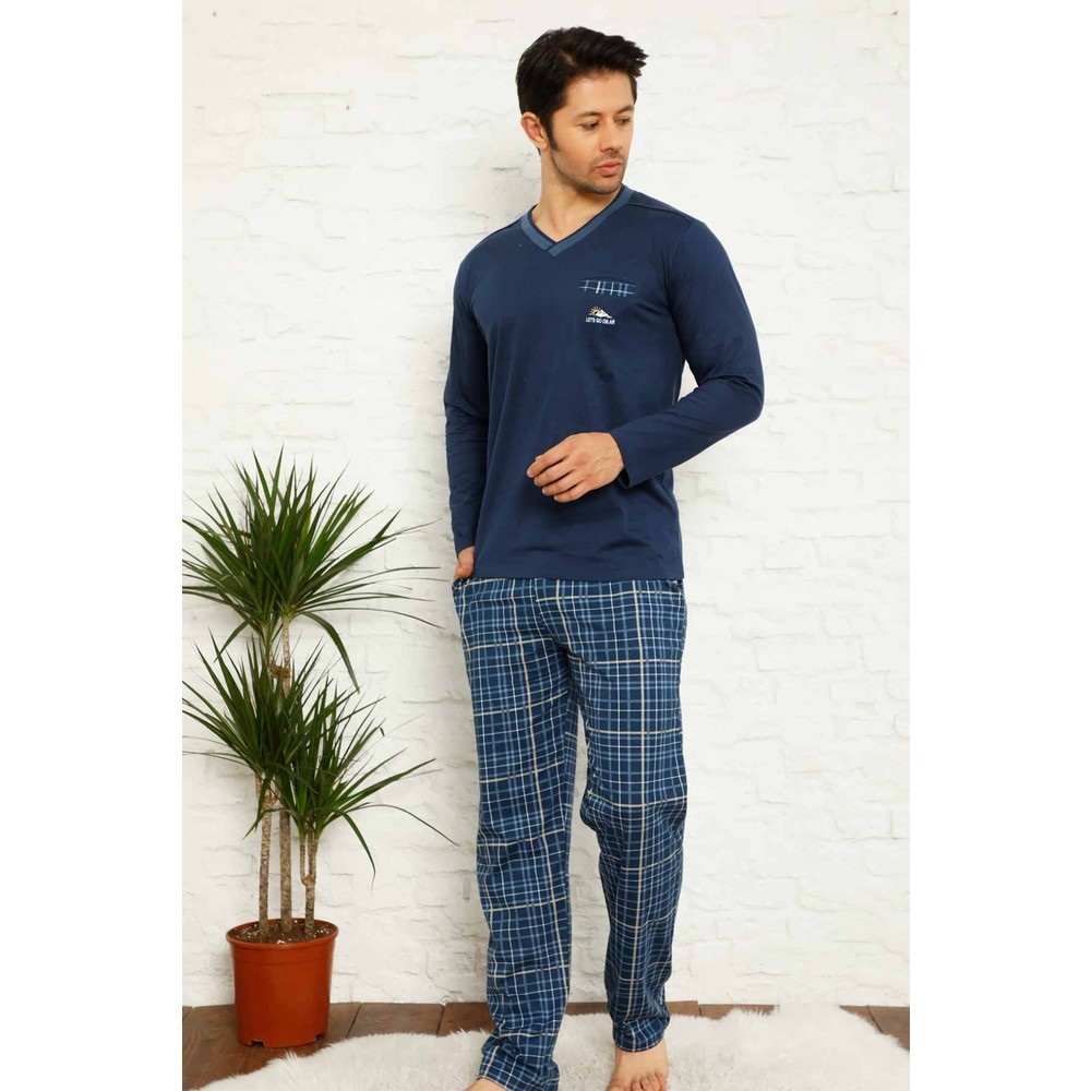 Farya Home Dreamy Ekoseli Uzun Kollu V Yaka Cepli Erkek Pijama Takımı - Lacivert