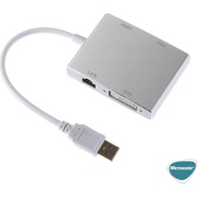 Microsonic USB 3.0 To VGA HDMI Lan DVI Adapter 4 In 1 USB Dönüştürücü Adaptör Kablo Gri