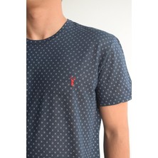 Ottomoda Erkek Lacivert Desenli Kısa Kollu Yarı Slim T-shirt, OT-BT-21002