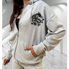 Amor Woman Kapüşonlu Japon Ejderha Baskılı Tam Fermuarlı Oversize Dış Mekan Kadın Ceket-Sweatshirt