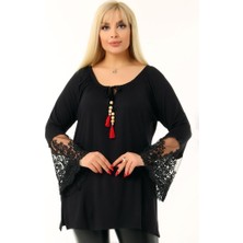 Kheos Özel Tasarım Kolu Volanlı ve Dantelli Bağcıklı Kayık Yaka Bluz