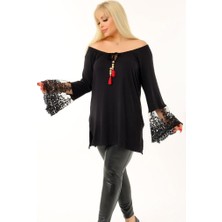 Kheos Özel Tasarım Kol Dantelli Boynu Bağcıklı Volanlı Kayık Yaka Tunik