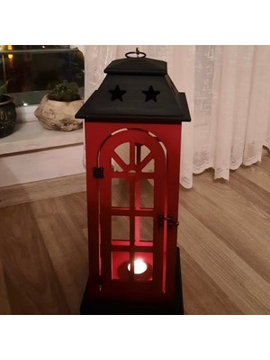 Tasarloxi Kırmızı Siyah Ahşap Dekoratif Fener Mumluk