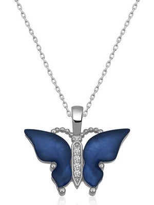 Gumush Gümüş Mavi Kaplangözü Taşlı Kelebek Kolye