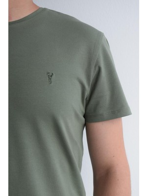 Ottomoda Haki Pamuklu Erkek Bisiklet Yaka Kısa Kollu T-Shirt,OT-BT-21007