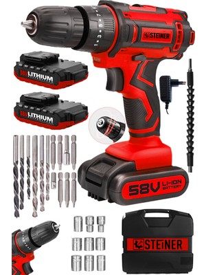 Steiner Germany Technology Titan 58 V 5 Ah Darbeli Çift Akülü Vidalama Metal Şanzıman Şarjlı Matkap + 24 Pcs Set
