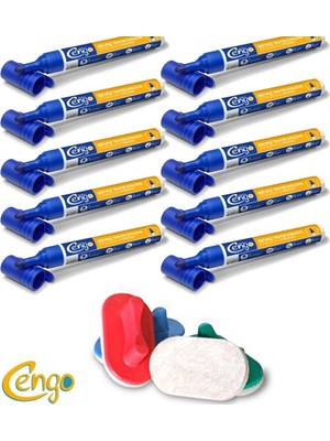 Cengo 10 Adet Mavi Renk Doldurulabilir Beyaz Tahta Kalemi + 1 Adet Beyaz Tahta Silgisi