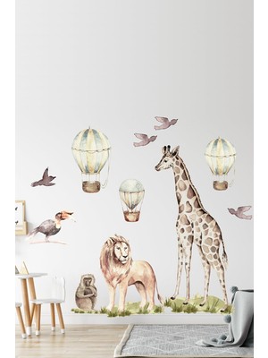 Kt Grup Afrika Safarisi Aslan Zürafa Maymun Kuşlar ve Balonlar Duvar Sticker Seti