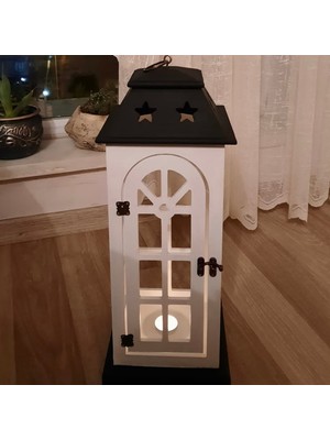 Tasarloxi Siyah Beyaz Ahşap Dekoratif Fener Mumluk