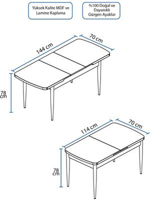 Canisa Concept Nef Serisi 70 x 114, Açılabilir Mdf Mutfak Masası, Yemek Masası