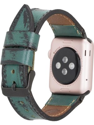 Apple Watch Uyumlu Deri Kordon 38-40-41MM Vintage V6 Yeşil Siyah Aksesuar