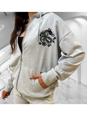 Amor Woman Kapüşonlu Japon Ejderha Baskılı Tam Fermuarlı Oversize Dış Mekan Kadın Ceket-Sweatshirt