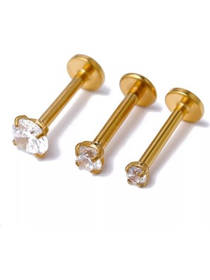 Bylin Cerrahi Çelik Gold Tek Taş Piercing Set- 3 Adet - 6 mm