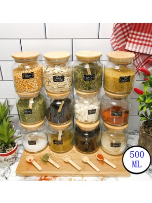 Karçiçeği Home 12’Li Bambu Kapaklı, Kaşıklı + Etiketi Baharatlık Takımı 500ml