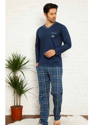 Farya Home Dreamy Ekoseli Uzun Kollu V Yaka Cepli Erkek Pijama Takımı - Lacivert