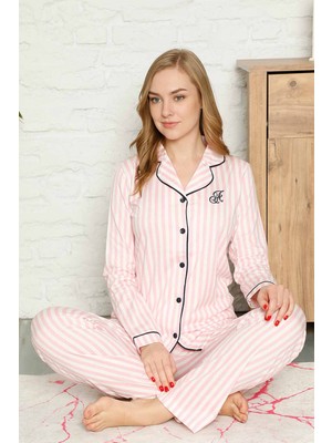 Farya Home Dreamy Secret Pamuklu Likralı Biyeli Gömlek Pijama Takımı Pembe