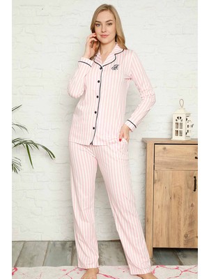 Farya Home Dreamy Secret Pamuklu Likralı Biyeli Gömlek Pijama Takımı Pembe