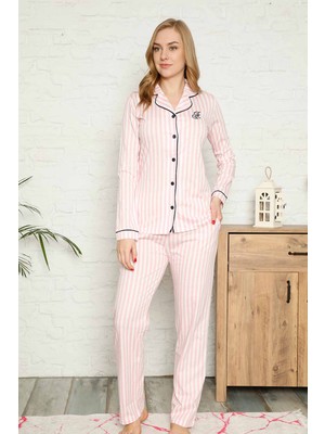 Farya Home Dreamy Secret Pamuklu Likralı Biyeli Gömlek Pijama Takımı Pembe