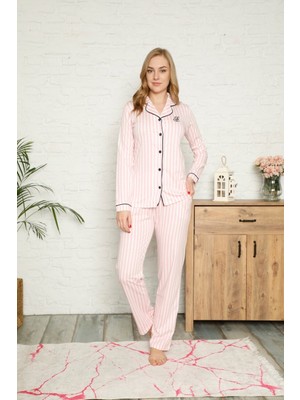 Farya Home Dreamy Secret Pamuklu Likralı Biyeli Gömlek Pijama Takımı Pembe