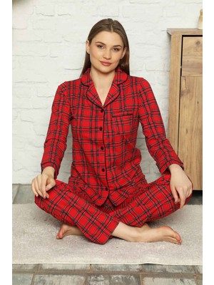 Farya Home Dreamy Ekoseli Likralı Pamuklu Biyeli Gömlek Pijama Takımı