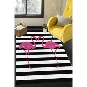 Woolly Siyah Beyaz Çizgili Çift Flamingolu Halı
