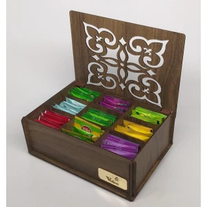 Gediz Renk Ahşap Çay Kutusu 9 Bölmeli (Çaylar Dahil) Kapaklı Bitki Çay Saklama Kabı Tea Box