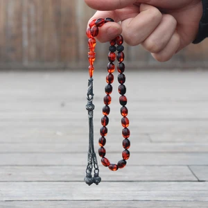 Tesbih Otağı Gümüş Kazaz Püsküllü Turuncu Siyah Ateş Kehribar Tesbih