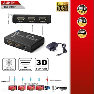 Aukey HA-H02 Full Hd 4K / 3D 1 Giriş 4 Çıkışlı HDMI Splitter (Sinyal Çoğaltıcı)