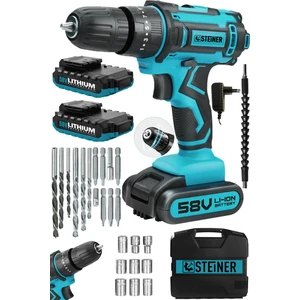 Germany Technology Titan 58 V 5 Ah Darbeli Çift Akülü Vidalama Metal Şanzıman Şarjlı Matkap + 24 Pcs Set