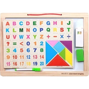 Ahşap Yazı Tahtası Eğitici Oyuncak Seti Çift Taraflı ve Magnetli Silgili Kalemli Tebeşirli