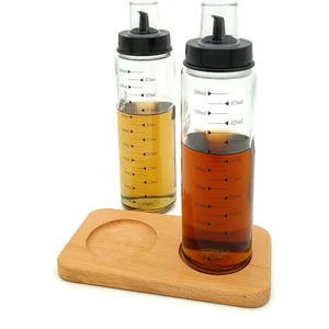 Ahşap Standlı 2'li 500 ml. Damlatmaz Akıllı Cam Yağlık Sirkelik Seti