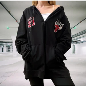 Amor Man Jordan 23 Baskılı Kapüşonlu Tam Fermuarlı Şardonlu Pamuk Dokuma Oversize Yeni Stil Kadın Ceket-Sweatshirt