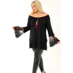 Özel Tasarım Kol Dantelli Boynu Bağcıklı Volanlı Kayık Yaka Tunik