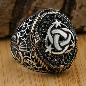 925 Ayar Gümüş Telkari Model Teşkilat-I Mahsusa Desenli Taşsız Erkek Yüzük