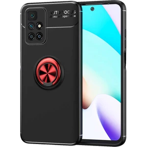 Redmi 10 Yüzüklü Kılıf Mıknatıslı Standlı Parmak Izi Bırakmayan Darbe Emici Dayanıklı Kapak Siyah Kırmızı