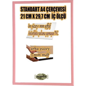 MİXEFOR A4 Çerçeve-Renk PEMBE -Arka Yüzey 3mm Mdf- Ön yüzey Kırılmaz  parlama yapmayan Antireflektif