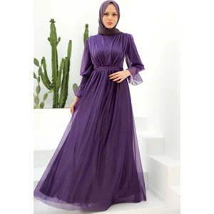 Neva Style Tesettürlü Abiye Elbise - Simli Mor Tesettür Abiye Elbise 5367MOR