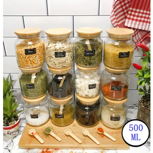 Karçiçeği Home 12’Li Bambu Kapaklı, Kaşıklı + Etiketi Baharatlık Takımı 500ml