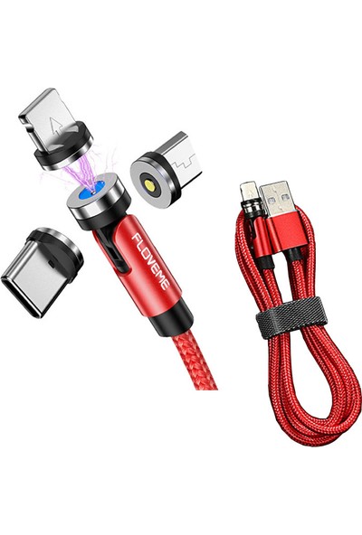 Floveme 180 Derece Dönebilen Manyetik Şarj USB Kablosu Iphone/type-C/mikro Kırmızı 1m Için 3 Manyetik Fiş (Yurt Dışından)