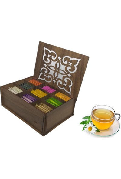 Ankaflex Gediz Renk Ahşap Çay Kutusu 9 Bölmeli (Çaylar Dahil) Kapaklı Bitki Çay Saklama Kabı Tea Box