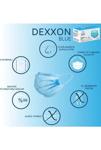Dexxon Medical Maske Mavi Cerrahi Elastik Kulaklı-10 Adet
