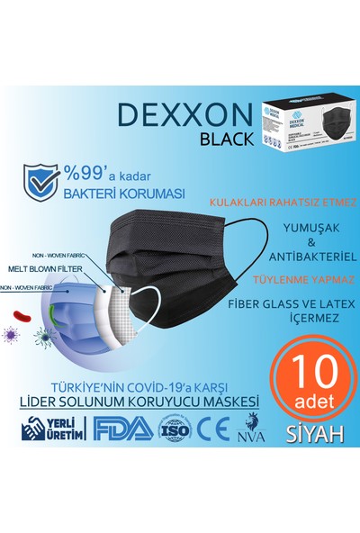 Dexxon Medical Maske Siyah Cerrahi Elastik Kulaklı-10 Adet