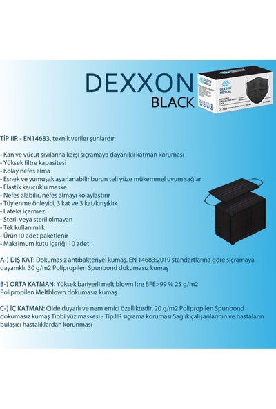 Dexxon Medical Maske Siyah Cerrahi Elastik Kulaklı-10 Adet
