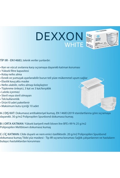 Dexxon Medical Maske Cerrahi Elastik Kulaklı Beyaz-10 Adet