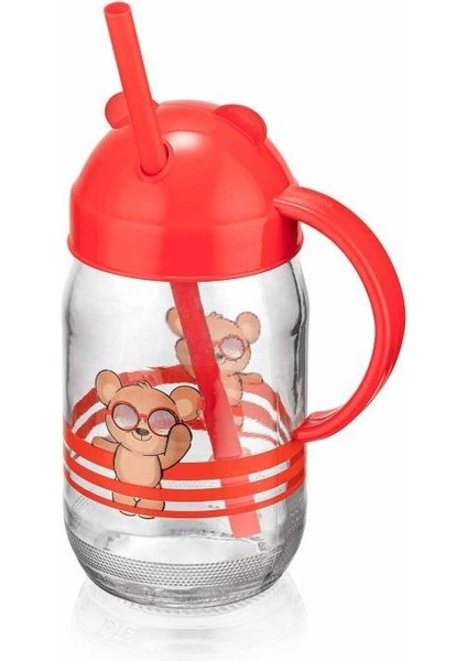 Qlux Teddy Bear Pipetli Bardak 370 cc Kırmızı