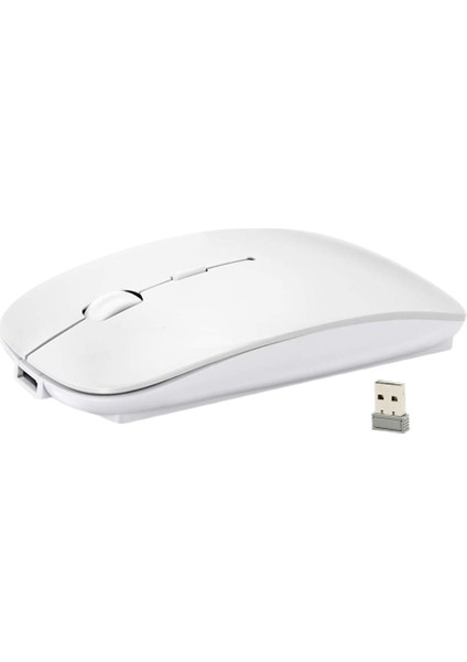 Kablosuz + Bluetooth Şarj Edilebilir Sessiz Mini Mouse USB Optik Fare - Beyaz (Yurt Dışından)