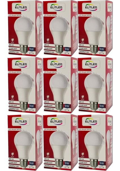 LED Ampül Beyaz-White 9W (9 Lu Set)