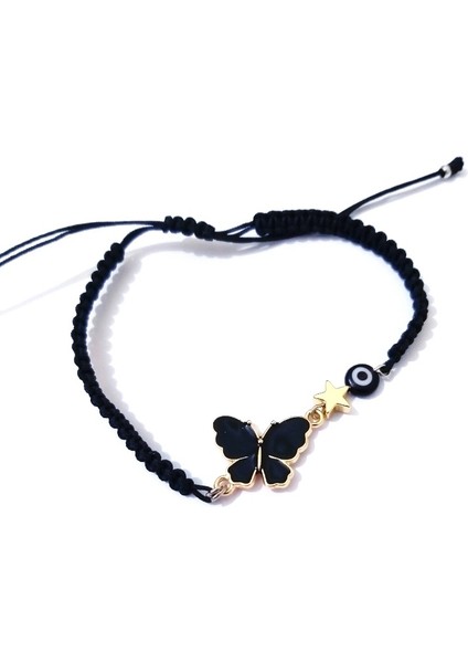 Siyah Nazar Boncuklu Hematit Yıldızlı Mineli Kelebek Bileklik