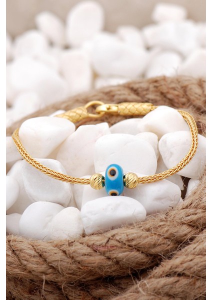 Kazaziye Işlemeli Nazar Boncuklu Elişi Altın Yaldızlı Gümüş Bileklik 3825