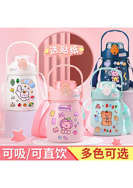 1000 ml Karikatür Büyük Göbek Samanlı Termal Şişe Paslanmaz Çelik Termos-Pembe fiyatları